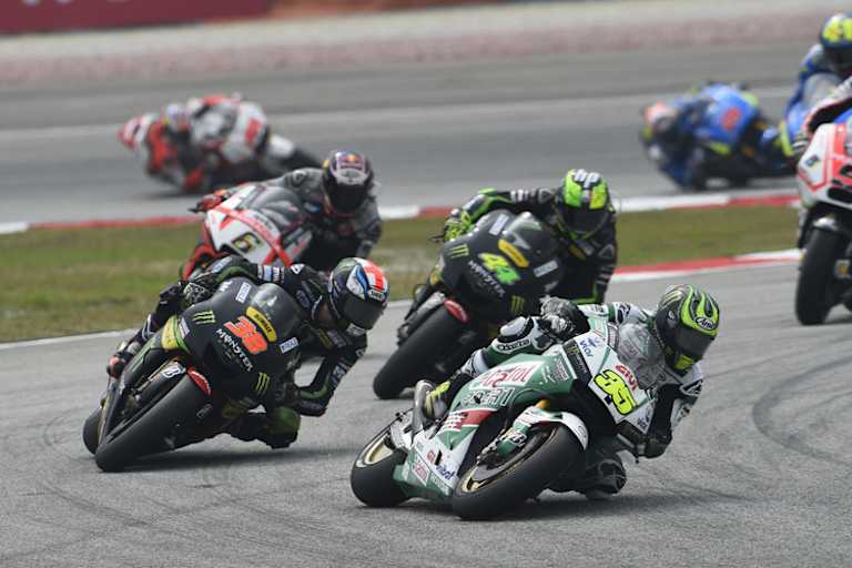 Das Rennen in Sepang: Cal Crutchlow (35) vor Smith (38), Pol Espargaró (44), Bradl (6) und Petrucci 