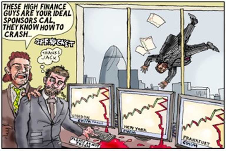 Miller zu Crutchlow: «Diese Typen aus der Finanzbranche sind die idealen Sponsoren, Cal. Sie wissen, wie man ‹crasht›.» Im Hintergrund stürzen CWM-Chef Anthony Constantinou und der Börsenkurs von CWM vor der Skyline von London ab.