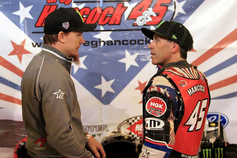 Greg Hancock (re.) mit seinem Mechaniker Travis McGowan