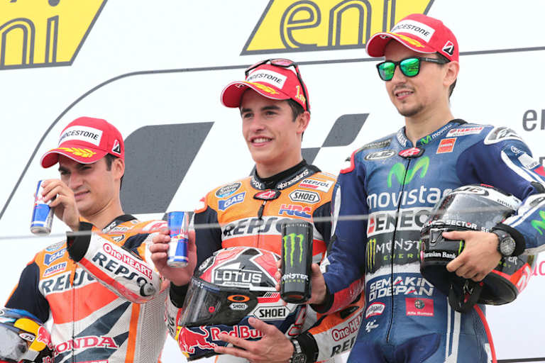 Sachsenring-GP: Dani Pedrosa, Sieger Marc Márquez, Jorge Lorenzo (Platz 3)