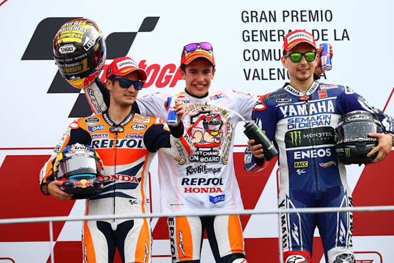 Podest: Pedrosa, Weltmeister Márquez und Valencia-Sieger Lorenzo