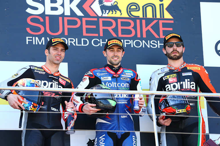 Siegerehrung Lauf 1: Marco Melandri, Eugene Laverty, Sylvain Guintoli (v.l.)