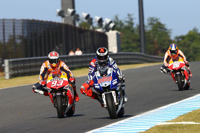 Motegi: Márquez (93) attackiert Lorenzo (99), dahinter Pedrosa