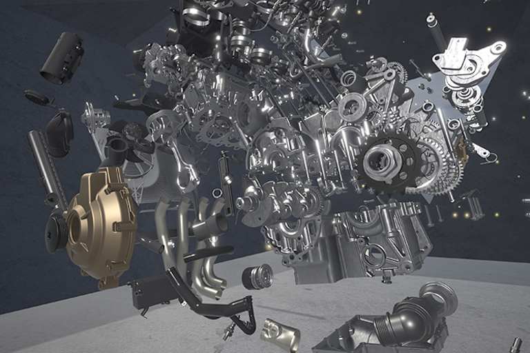 Der Motor der BMW S1000RR in seinen Teilen