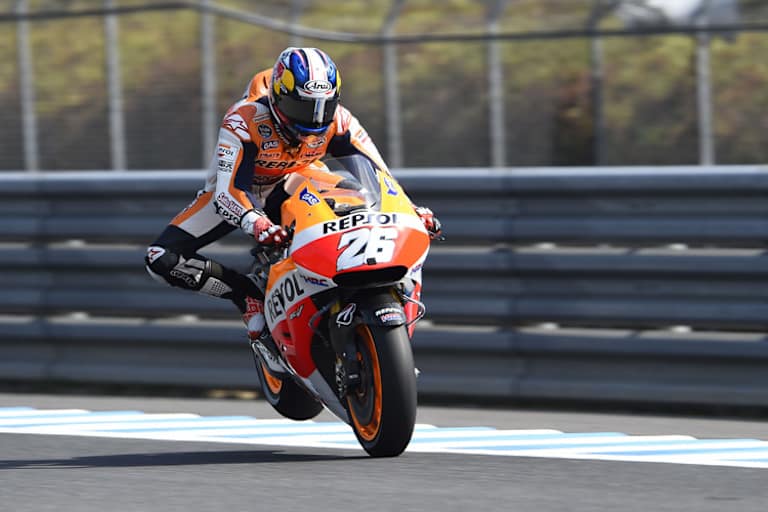 Dani Pedrosa: Nur 52 kg Körpergewicht, deshalb lässt sich das Hinterrad beim Bremsen kaum auf dem Boden halten