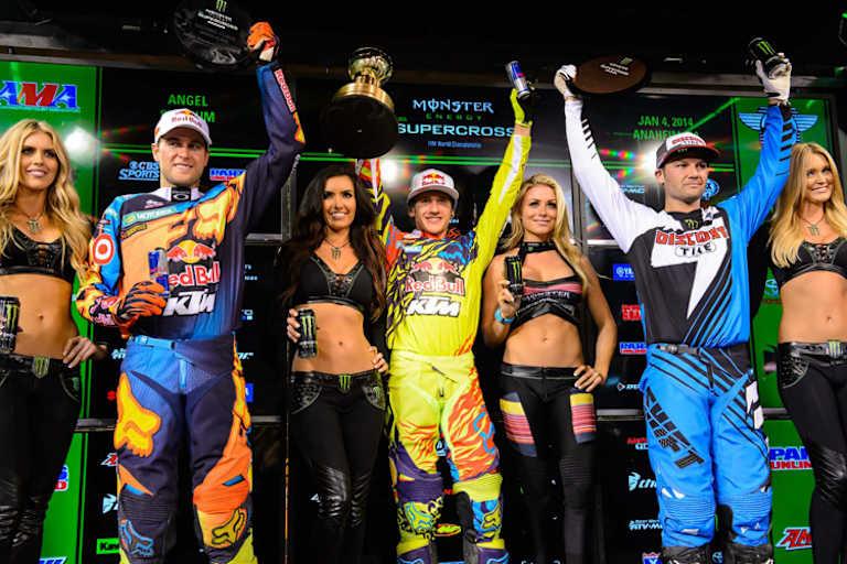 Das Podest von Anaheim: Rookie Ken Roczen siegte vor den Routiniers und Ex-Weltmeistern Ryan Dungey (li.) und Chad Reed
