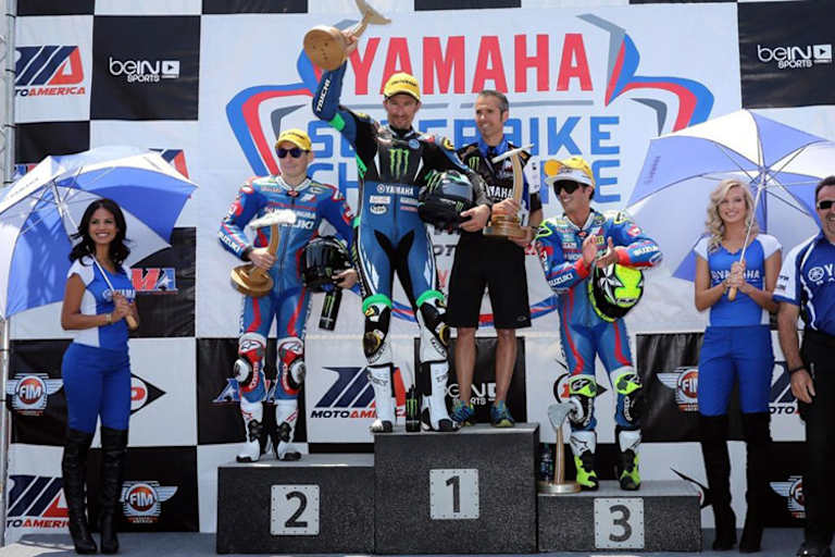 Podium Lauf 1: Roger Hayden, Joshua Hayes und Toni Elias (v.l.)