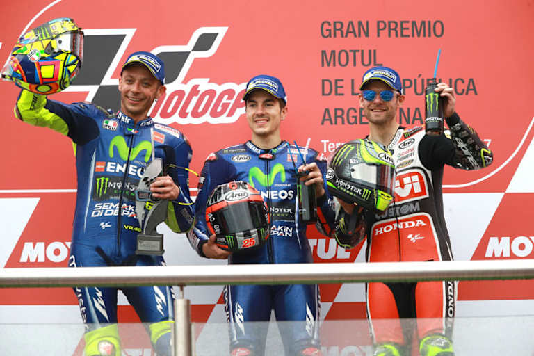 Das Podest: Rossi, Viñales und Crutchlow