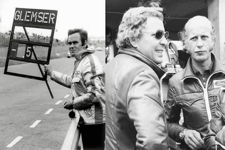 Links Ford-Sportgeneral Neerpasch 1971 in Zandvoort, rechts Ford-Vorstand Banzhaf und der neue Sportchef Kranefuss im Juli 1972