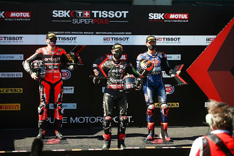 Scott Redding (2.), Jonathan Rea (1.) und Michael van der Mark (3.) 