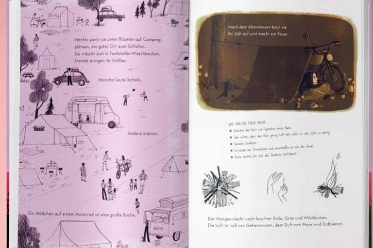 Kindergerecht illustriert wird die Geschichte einer Motorradreise erzählt