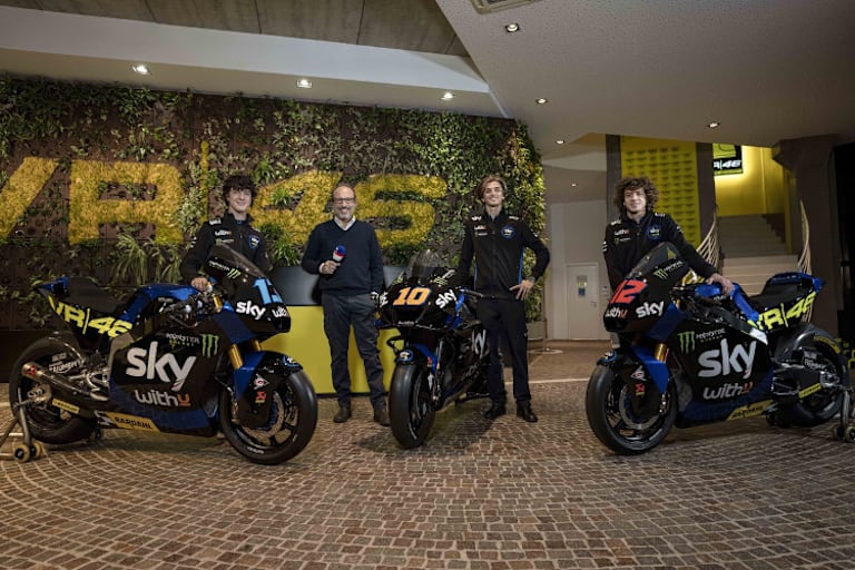 Teampräsentation 2021: Celestino Vietti, Sky-Kommentator Guido Meda, Luca Marini und Marco Bezzecchi