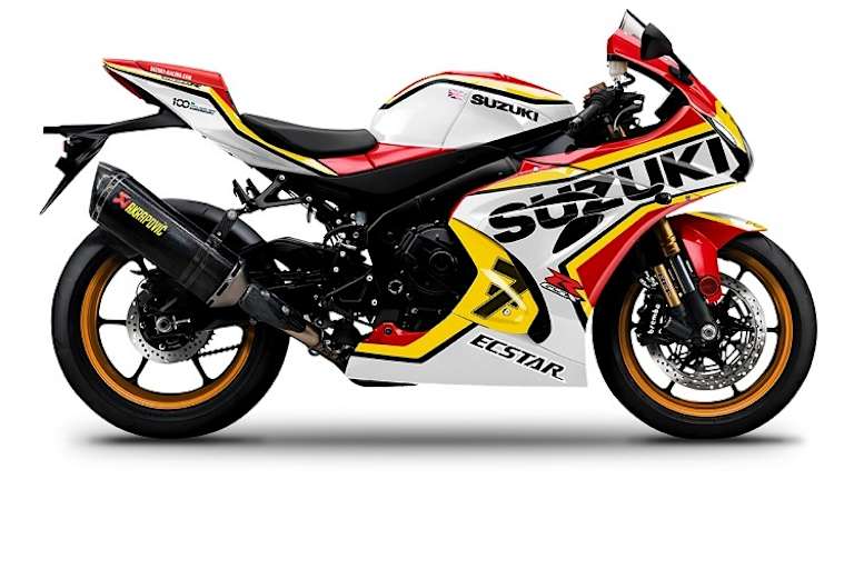 Die Suzuki GSX-R1000R in der Farbgebung der Werkssuzuki von Barry Sheene im Jahre 1977