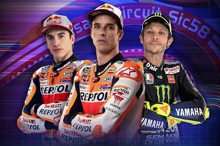 Marc Márquez, Sieger Alex Márquez und Valentino Rossi (v.l.n.r.)