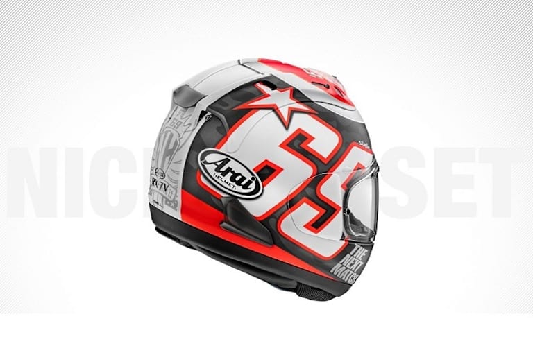 Präsentiert zum 40. Geburtstag von Nicky Hayden: Arai RX-7V mit dem Reset-Design, das Hayden in der Zwischensaison 2013/14 trug 