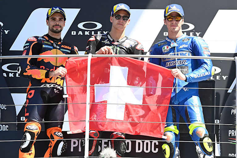 Mugello: Sieger Quartararo, links Miguel Oliveira, rechts Joan Mir