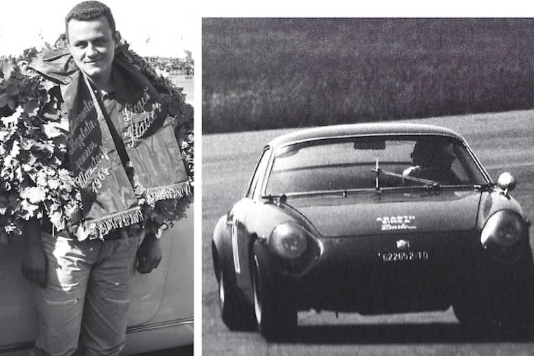 Italiens Hoffnung: Franco Patria mit Siegerkranz und Abarth 2000 GT im Juni 1964 beim Flugplatzrennen Wunstorf