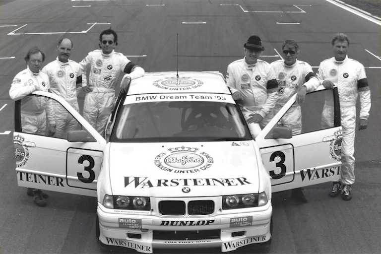 Von links: Rauno Aaltonen, Günter Steckkönig, Gerd Schüler, Hans Heyer, Rainer Braun, Klaus Fritzinger am BMW mit der Nummer 3
