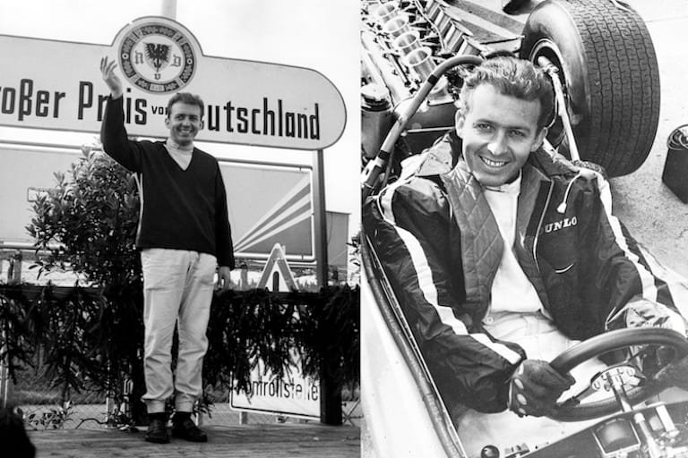 Rekordrunde geschafft: Hubert Hahne steht am 7.8.66 stolz auf dem Siegerpodium; Probleme weggelächelt: Hahne im Cockpit eines gestrippten BMW F2-Rennwagens