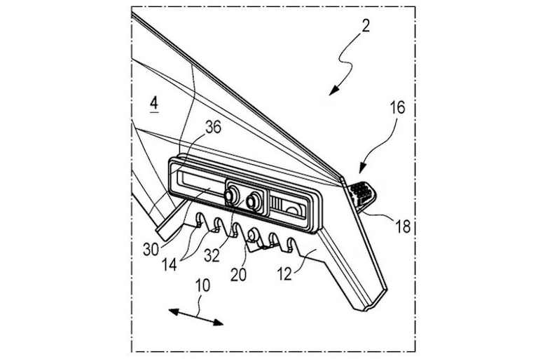 Ansicht von hinten mit Gleitschiene (30) und Verzahnungen (14), in die ein an der Fussraste angebrachter Nocken (20) einrrastet