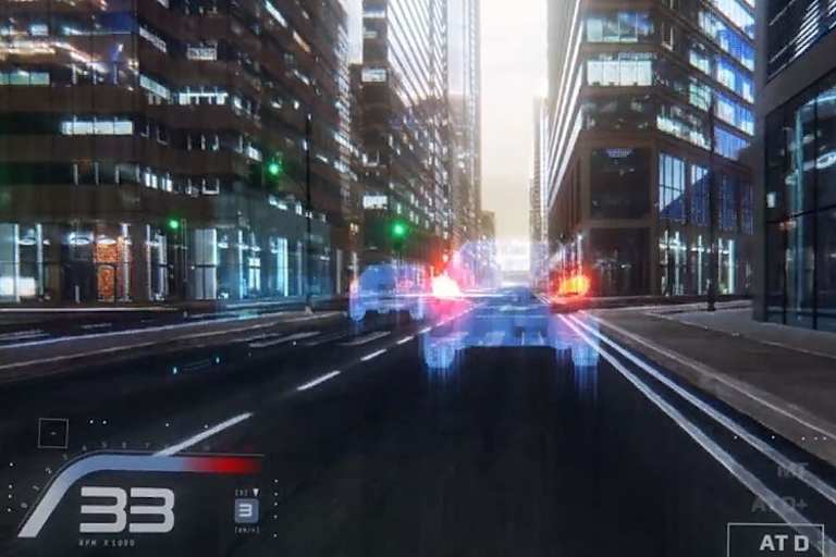 Virtuelle Demonstration: Auto verlangsamt, um rechts abzubiegen, Motorrad verlangsamt dank Abstandsradar und schaltet runter