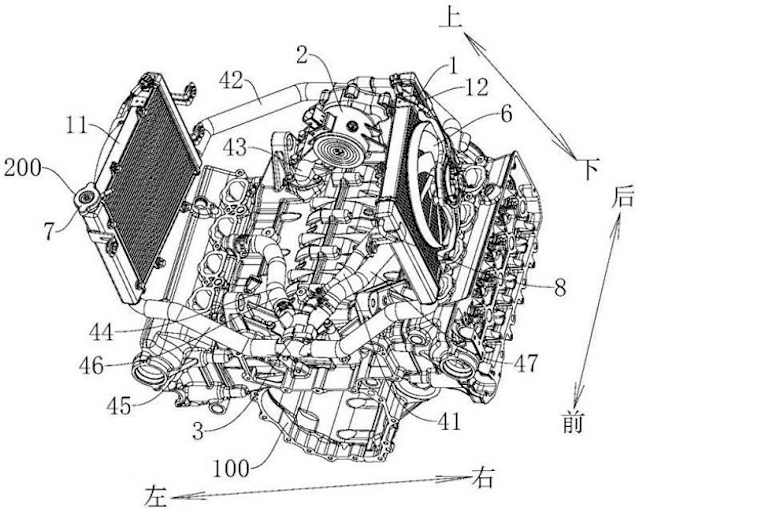 Getriebegehäuse (100) unter dem Motor - damit der Antriebstrang überhaupt in ein Motorrad passt