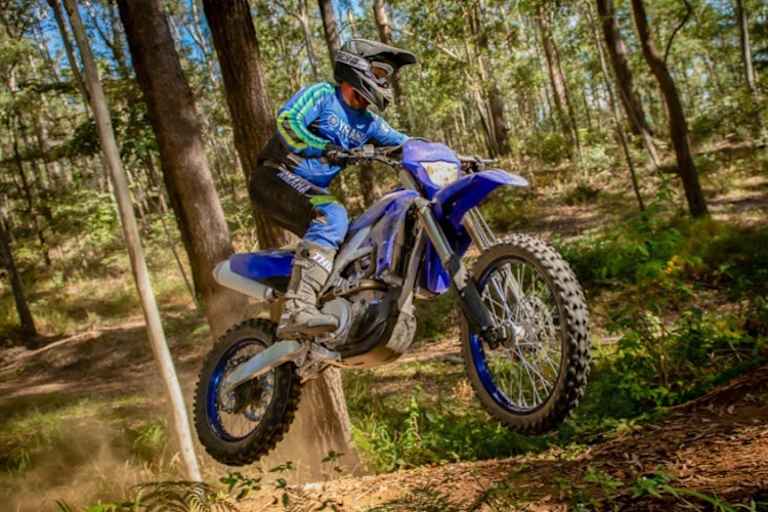 Yamahas typische Enduro-Architektur: Doppelschleifen-Alurahmen, gedrehter Zylinderkopf mit Einlass vorne, leicht nach hinten gekippter Zylinder