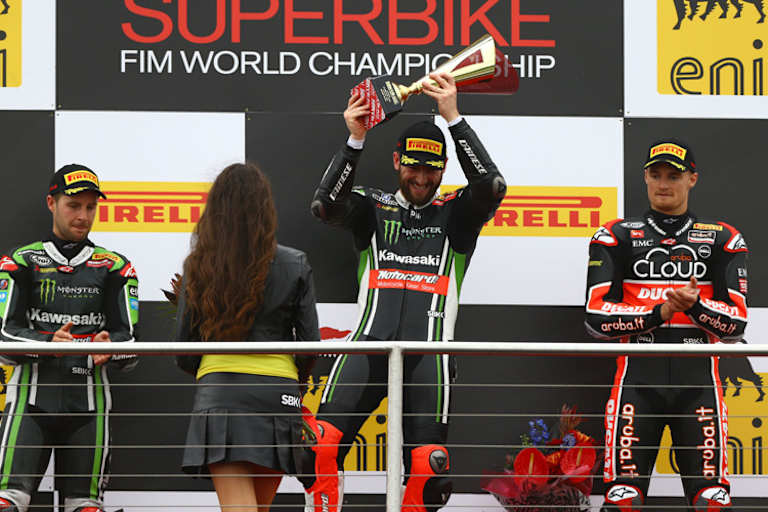 Die Top-3 in beiden Rennen: Jonathan Rea, Tom Sykes und Chaz Davies (v.l.)