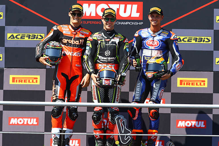Die Top-3 von Rennen 1: Chaz Davies, Jonathan Rea und Michael van der Mark (v.l.)