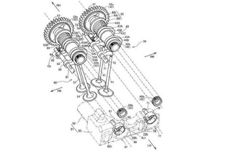 Mehr sieht man auf dieser Zeichnung: Schlepphebel und zwei Nocken pro Ventil auf beiden Nockenwellen