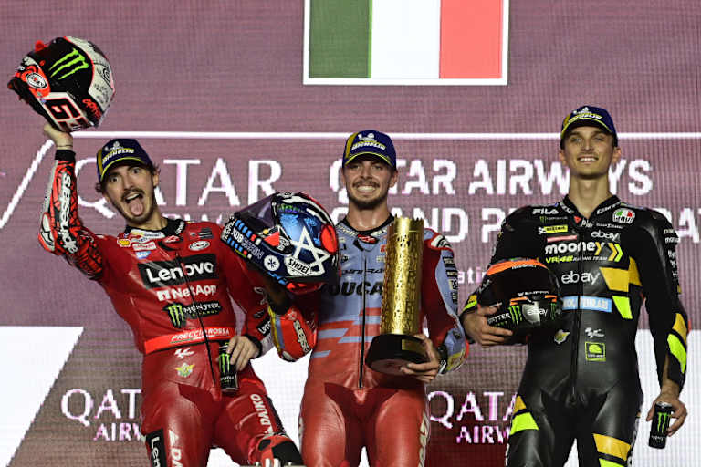 Podium in Lusail (v.l.): Bagnaia, Di Giannantonio und Marini