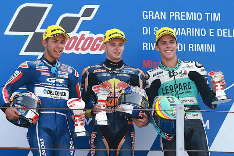 Bastianini, Binder und Mir in Misano auf dem Podest