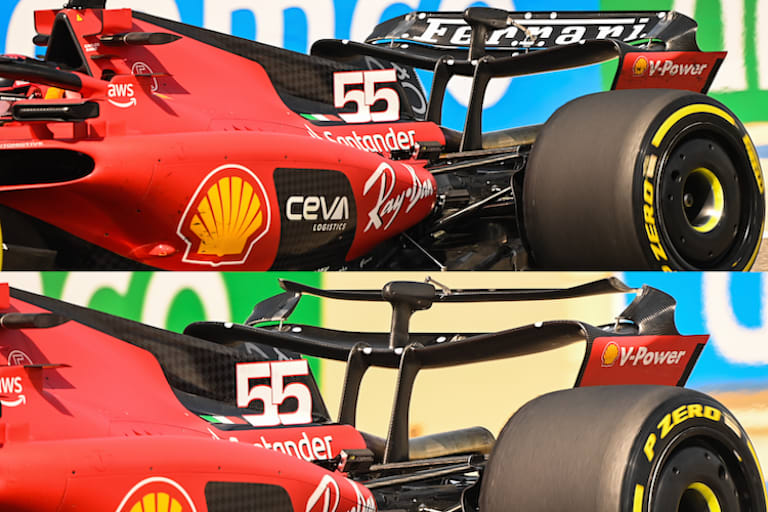 Geschlossener und offener Heckflügel am Ferrari