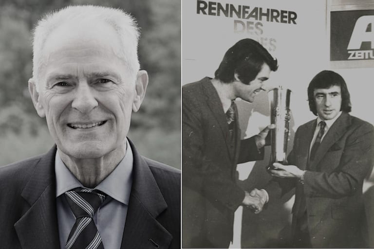 Hans Wilhelm Gäb 2021 mit 85 Jahren – Gäb überreicht Jackie Stewart 1971 die Trophäe Fahrer des Jahres