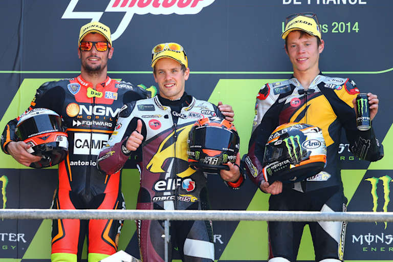 Auf dem Podest: Simone Corsi, Mika Kallio und Tito Rabat