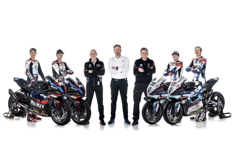 Toprak Razgatlioglu, Michael van der Mark, Shaun Muir, Marc Bongers, Michael Galinski, Garrett Gerloff und Scott Redding (v.l.)