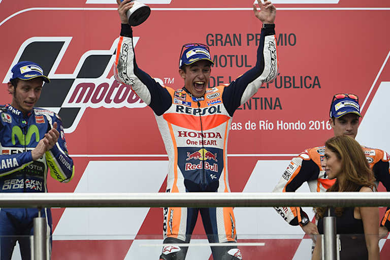 2016 siegte Marc Márquez in Argentinien vor Valentino Rossi und Dani Pedrosa