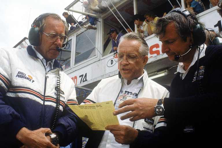 Peter Falk, Prof. Helmuth Bott, Norbert Singer (l-r) in Le Mans 1985