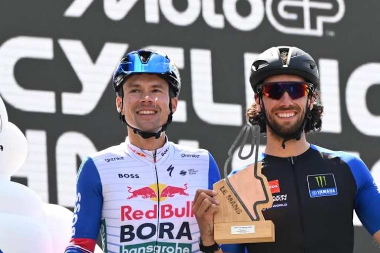 Weltklasse mit und ohne Motor: Alex Rins mit Olympiasieger Primoz Roglic